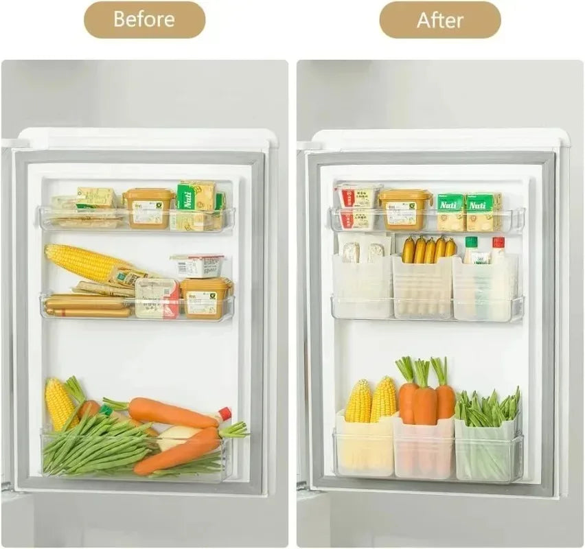 Comparison of a refrigerator with food items before and after using a storage solution.