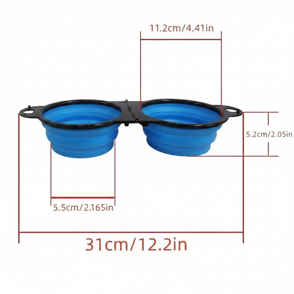 Red and black collapsible pet bowl with measurements on a white background